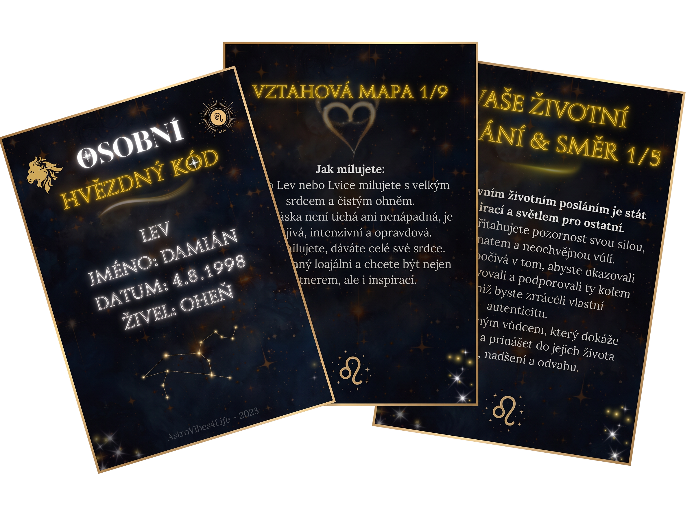 Tři ukázkové strany osobního dokumentu Hvězdný Kód